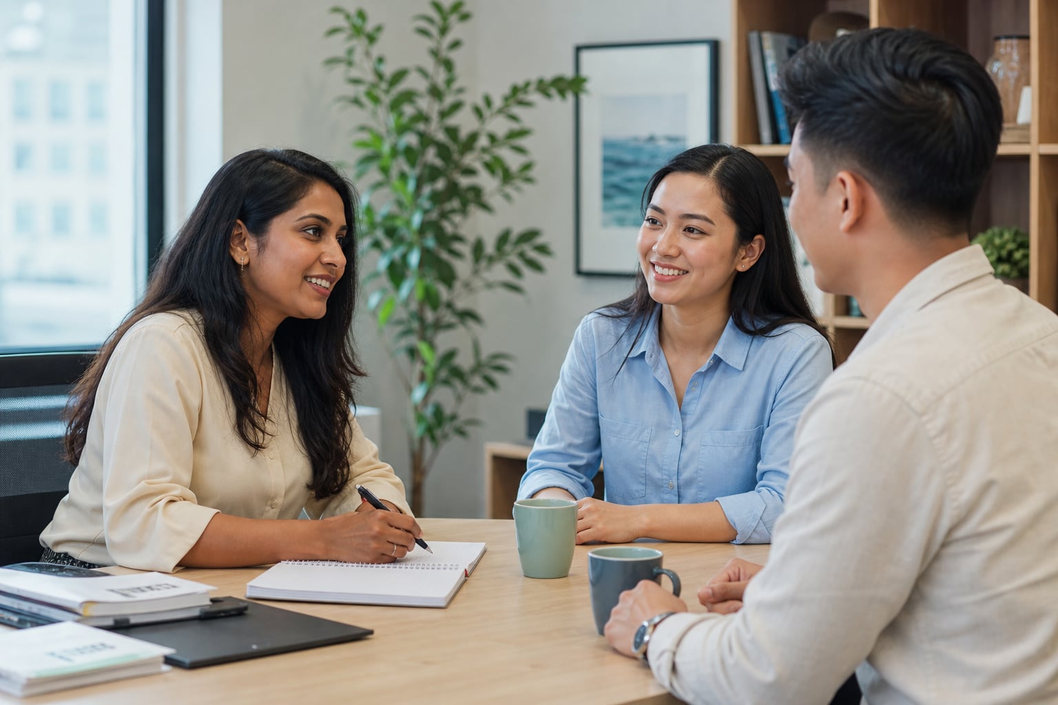 Registered migration agent consulting with clients in a bright, welcoming office