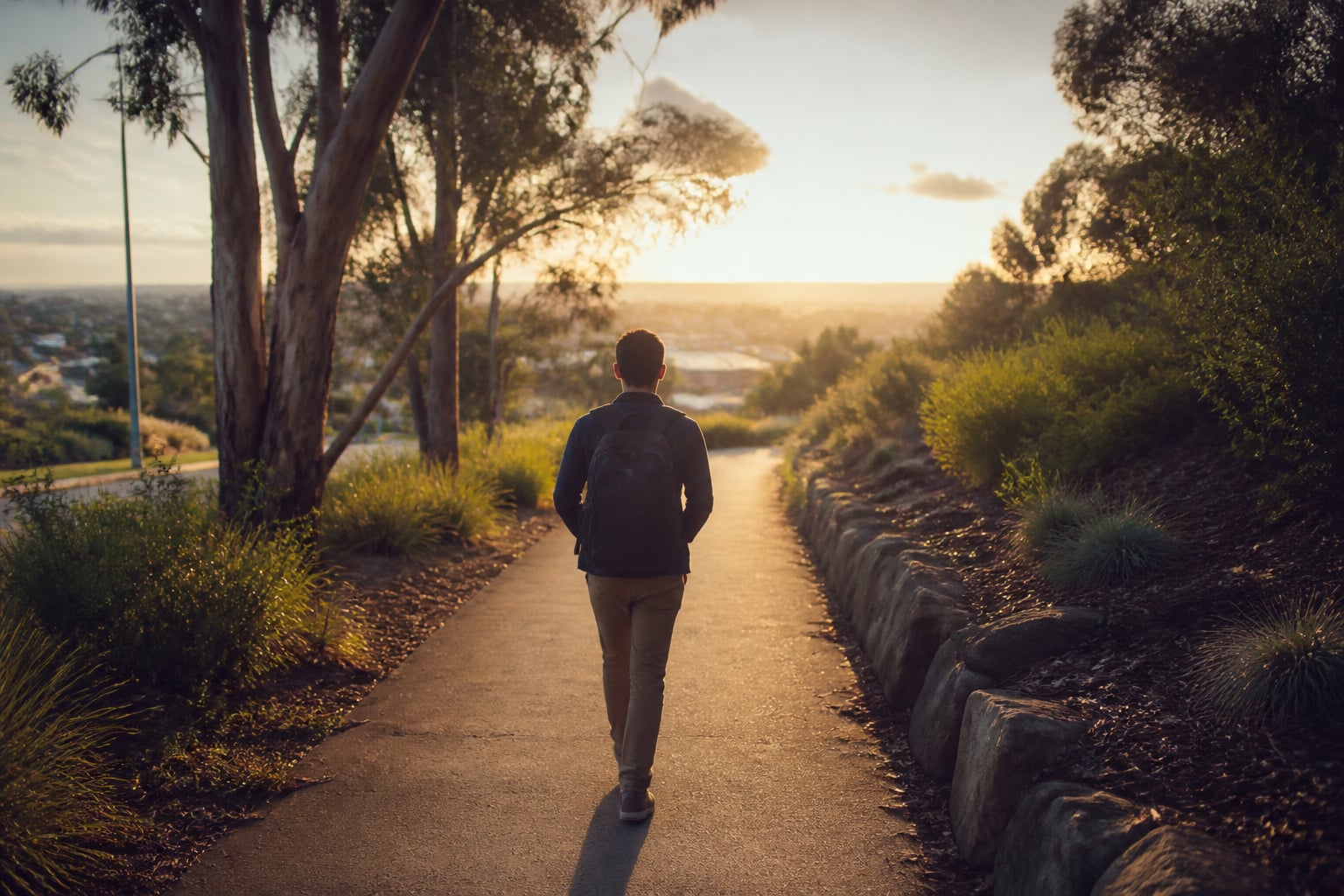 Person walking along a sunlit tree-lined path — a metaphor for the structured migration journey
