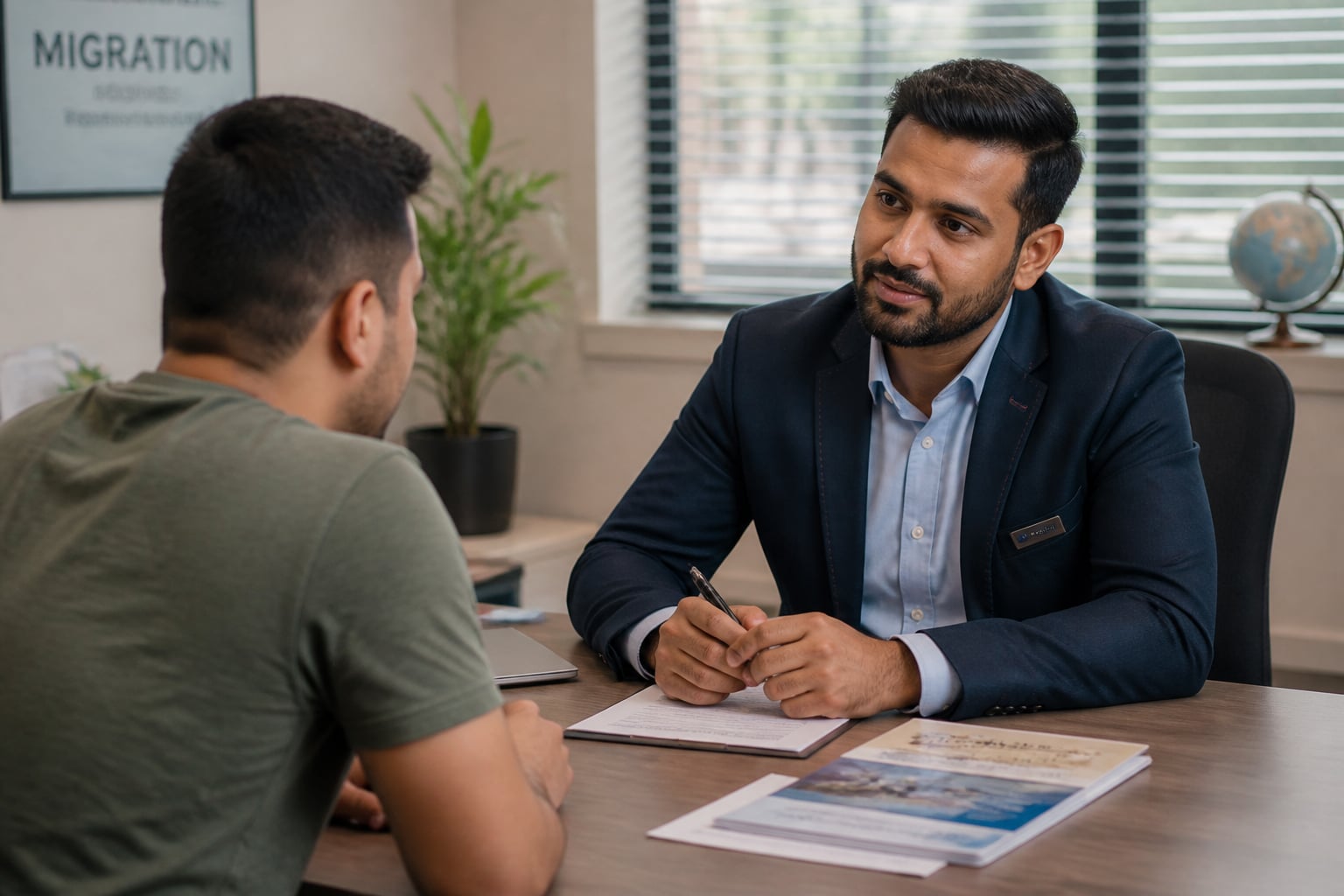 Migration agent providing calm, reassuring guidance during a consultation after a visa refusal