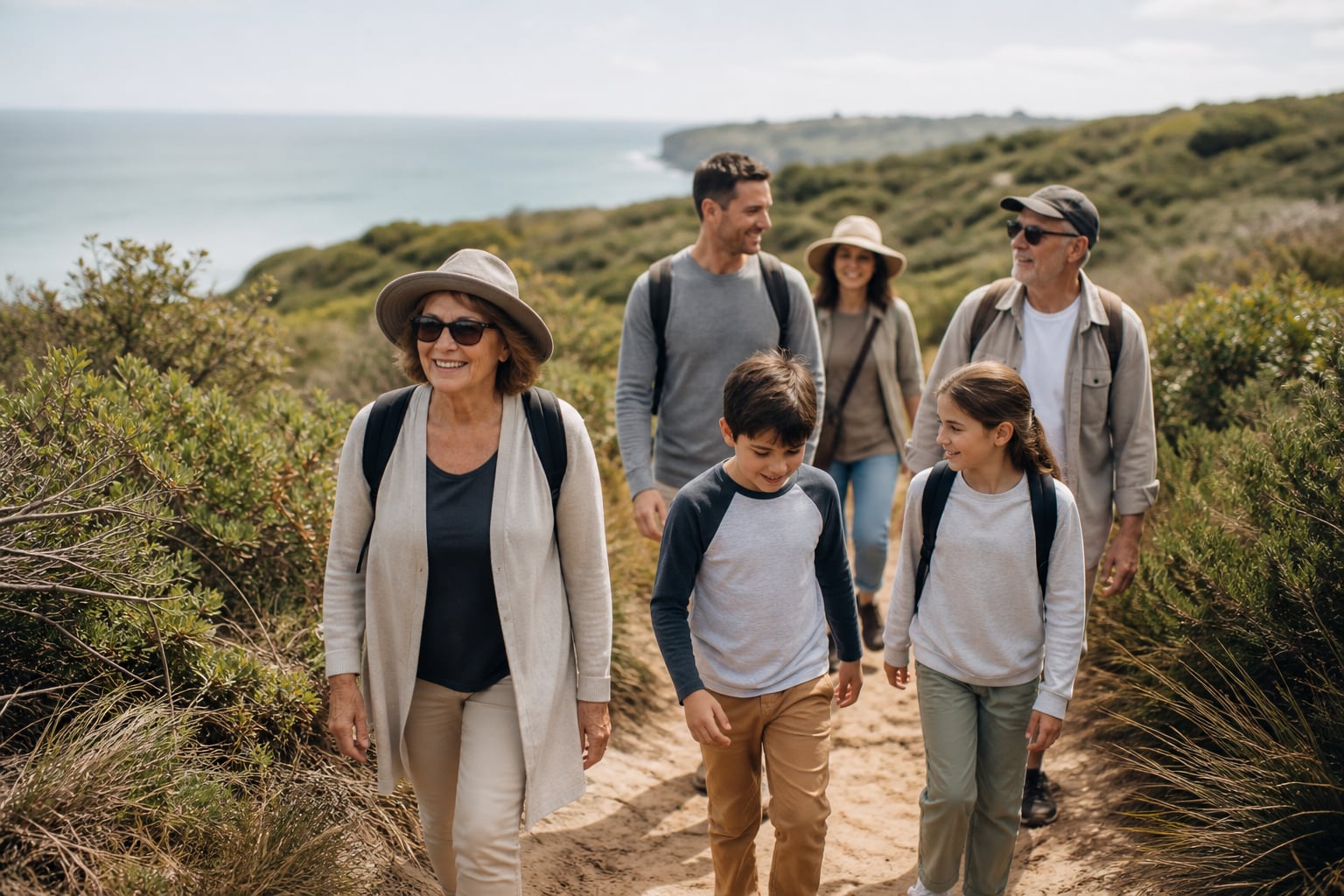Family exploring natural Australian coastal bushland on a visit